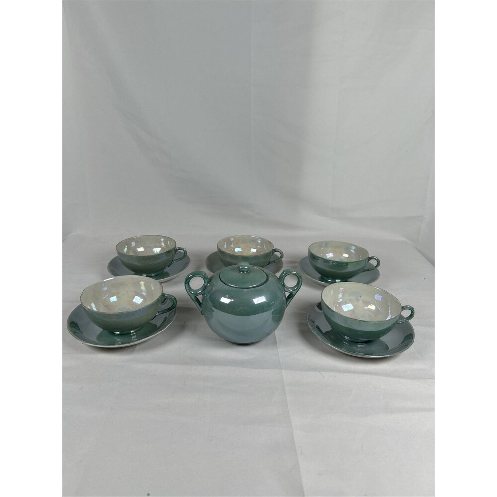 Vtg Lot Hand painted Japan Green Opal Lusterware Cups Saucers Sugar Bowl W/ Lid